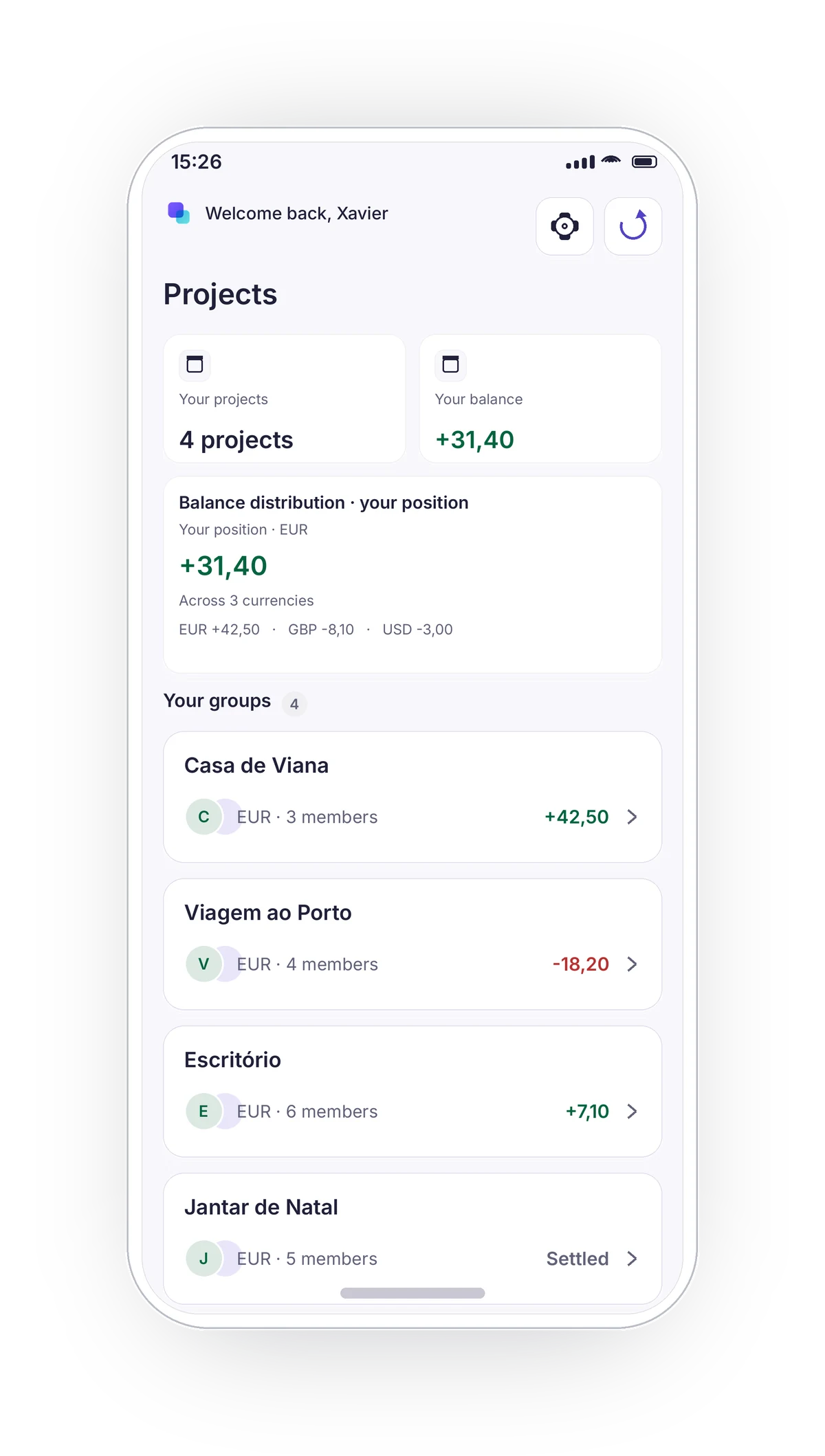 Projects screen listing shared groups such as Casa de Viana, Viagem ao Porto and Escritório with their balances.