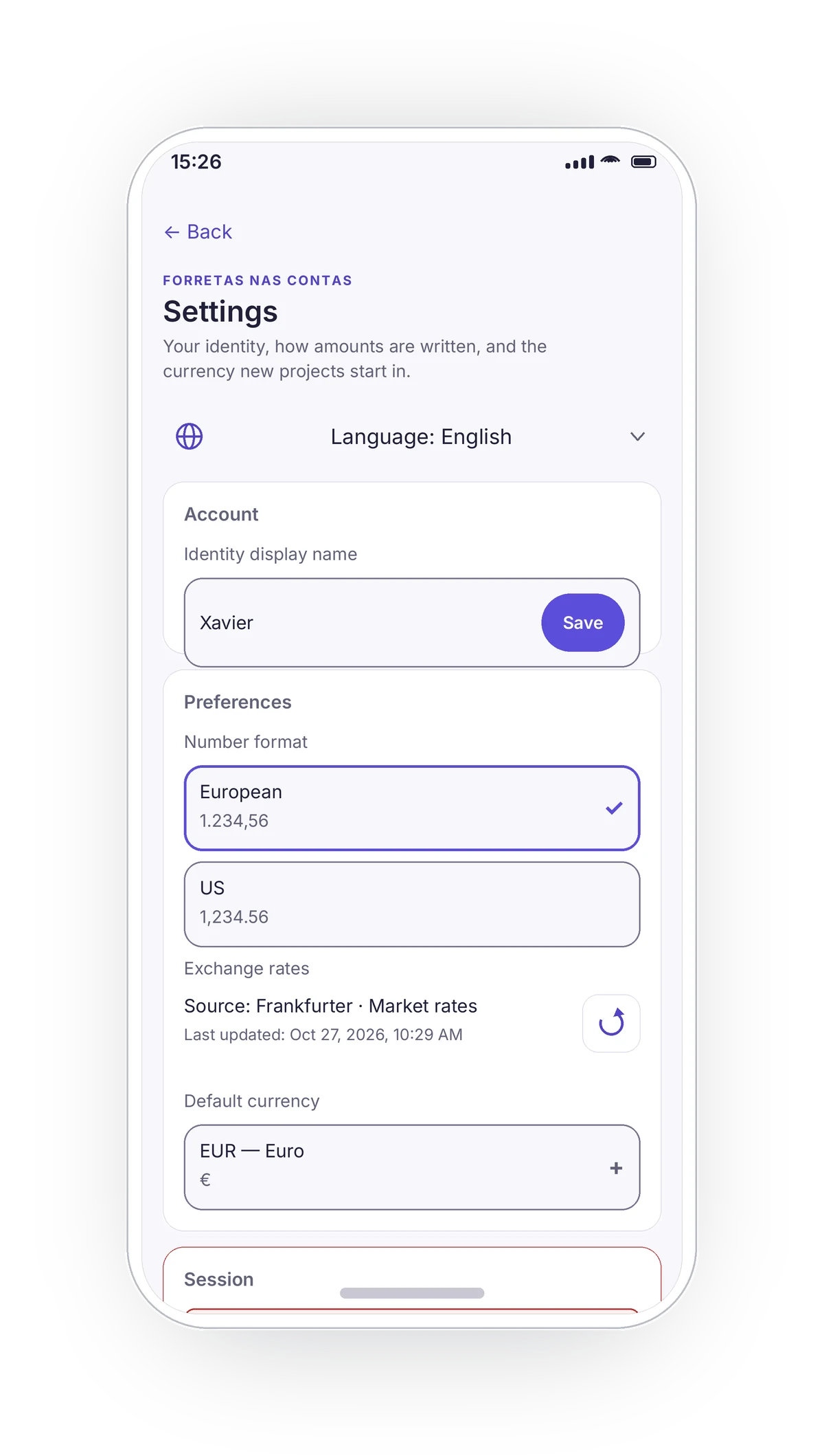 Settings screen with display name, recovery code, language, number format and default currency options.