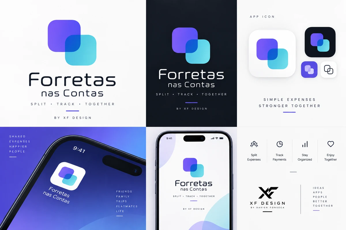 Forretas nas Contas brand board showing the logo, colour palette and typography.