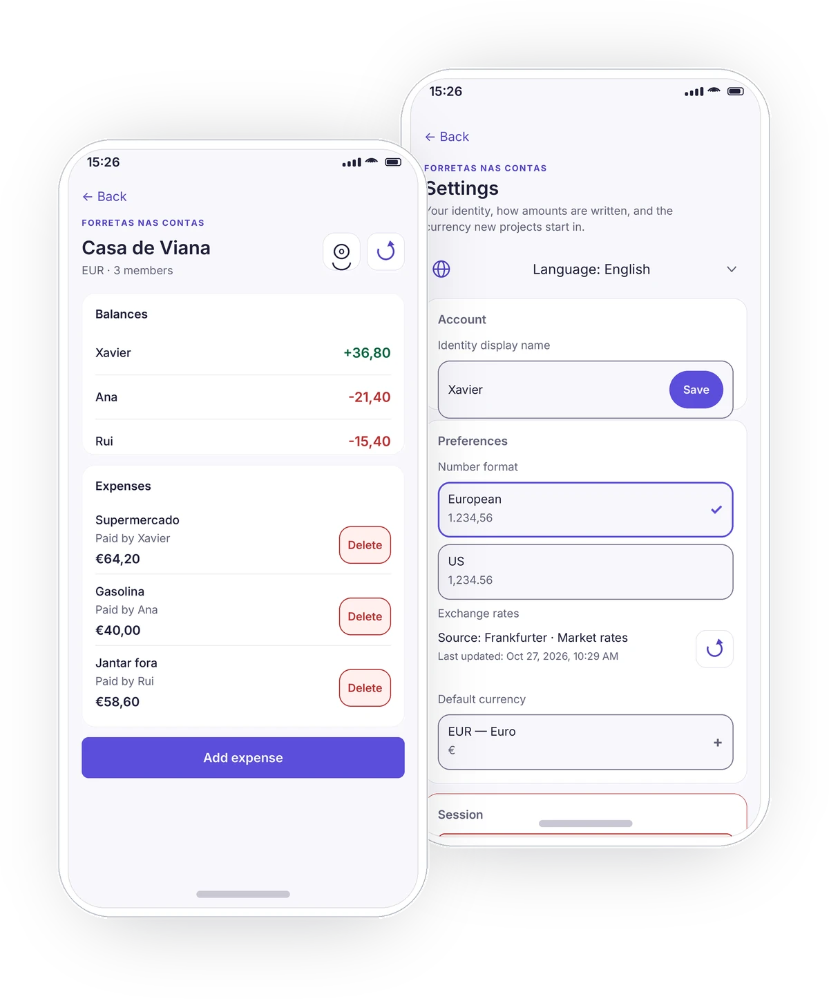 Two phone screens from the Forretas nas Contas app: a shared project with balances and expenses, and settings.