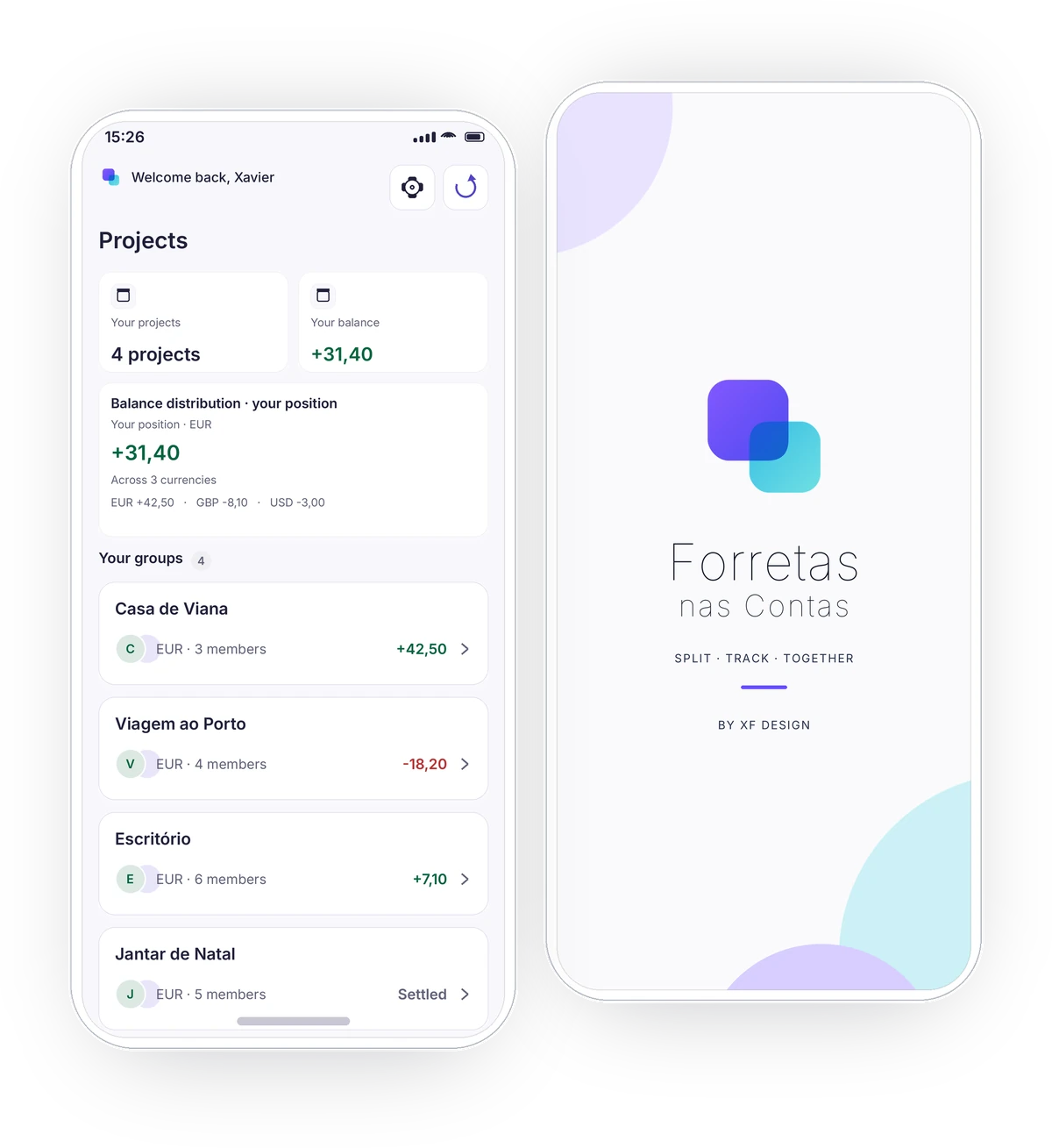 Two Forretas nas Contas screens: the projects list in front, the app's opening screen behind it.