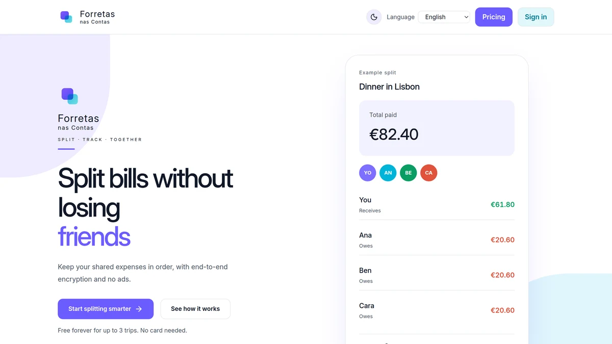 Forretas nas Contas web landing page with a worked dinner split example showing what each person receives or owes.