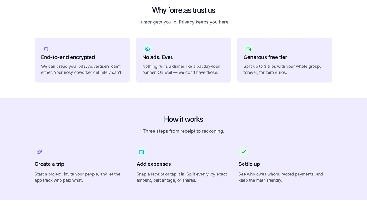 Two stacked sections of the Forretas nas Contas site: three trust cards for end-to-end encryption, no ads and a free tier, followed by a three-step How it works band.