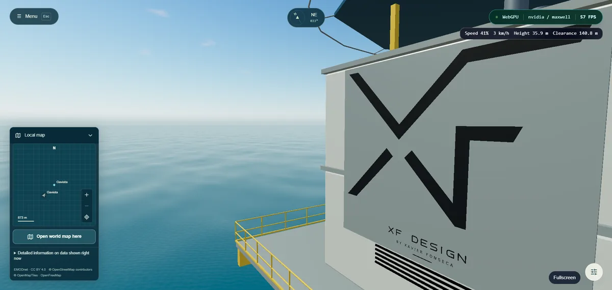 A platform viewed from the water with the compass and local map overlays visible.