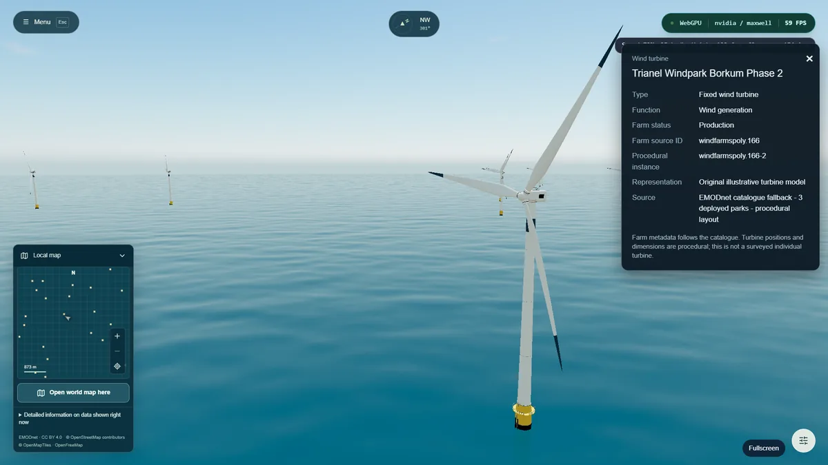 Wind turbine in open water with the wave and water quality settings panel open.