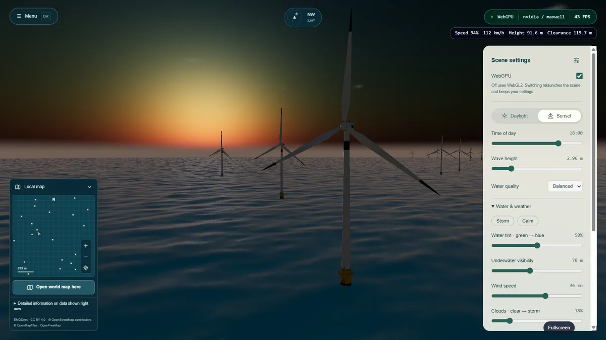 Sunset over an offshore wind farm with the settings panel showing weather controls.