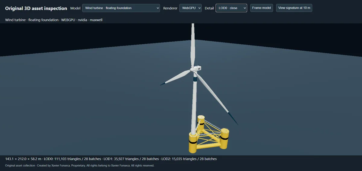 Offshore wind turbine asset displayed with metadata in the showroom.