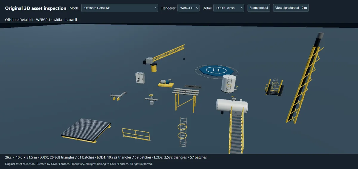 A grid of offshore 3D assets including platforms, turbines and containers.