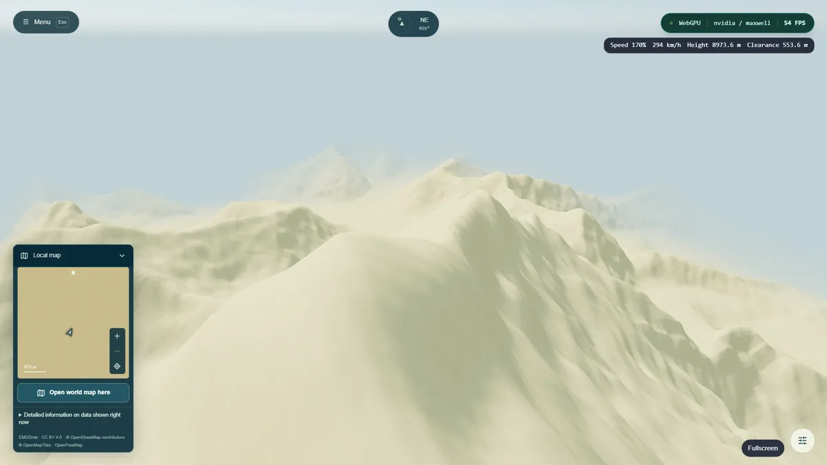 Snow-covered mountain terrain around Mount Everest rendered in 3D.