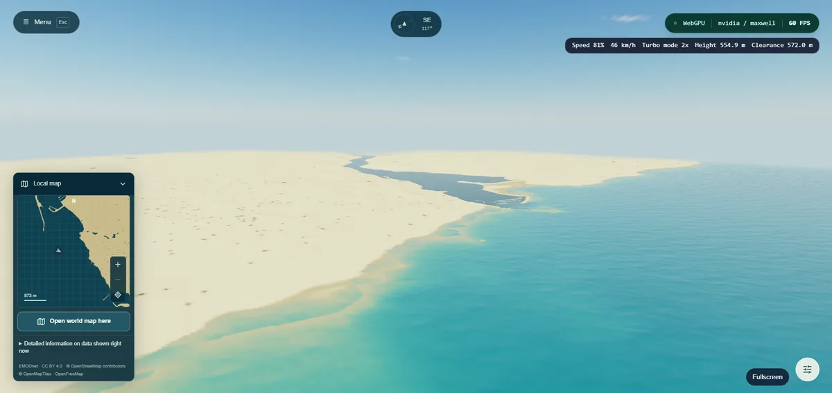 Sand banks and a tidal inlet where the Douro meets the Atlantic, rendered as a real-time 3D scene.