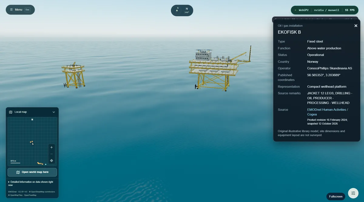 The world map globe interface with a location search open over the ocean scene.