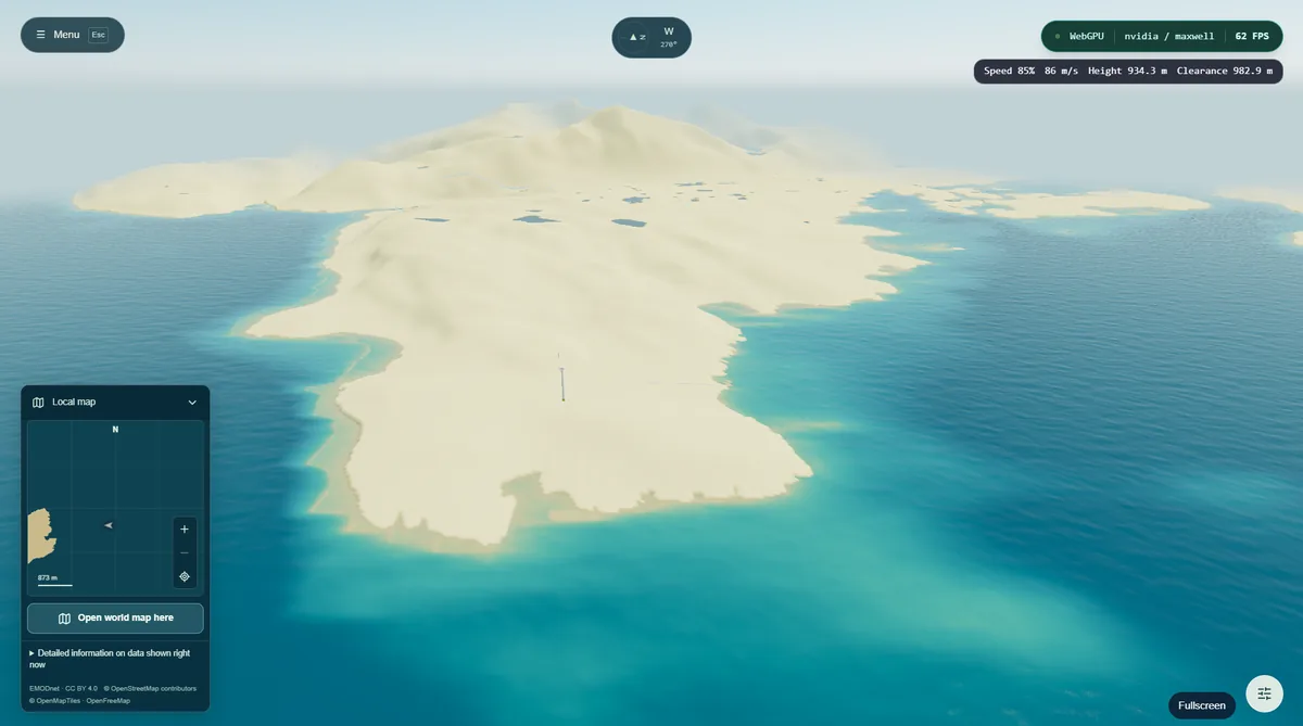 Norwegian fjord coastline with steep cliffs rendered in the World Explorer.