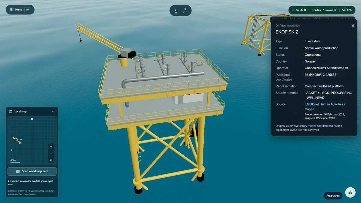 An offshore platform standing at its published North Sea coordinates over the measured seabed, with the site data panel open.