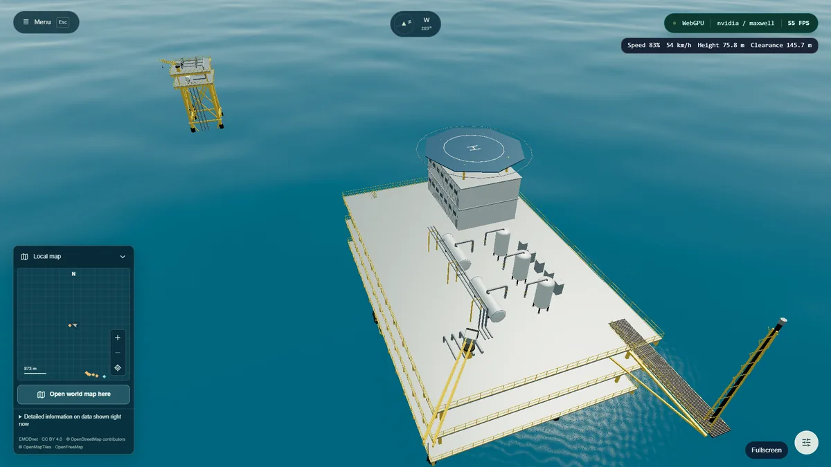 Offshore platform asset floating on the ocean within the World Explorer scene.
