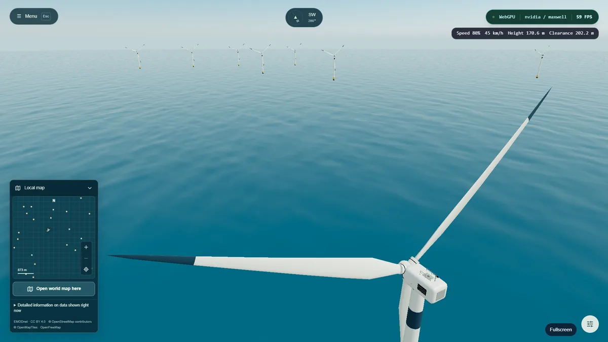 A single wind turbine close to the camera with the wind catalogue panel open.